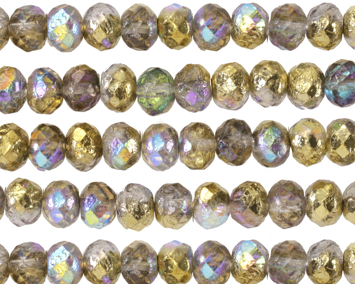 Czech Glass Textured Crystal AB w/ Gold Fire Polished Rondelle 5x7mm