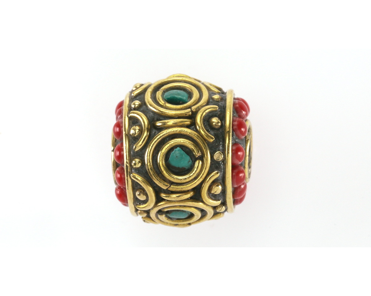 Nepalese Brass w/ Turquoise & Small Coral Dots Large Barrel Bead 15x16mm