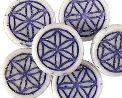 Czech Glass White w/ Purple Wash Flower of Life Geometry Coin 19mm