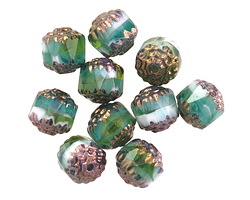 Czech Glass White Cap Sea w/ Bronze Luster Faceted Barrel 8.5x8mm