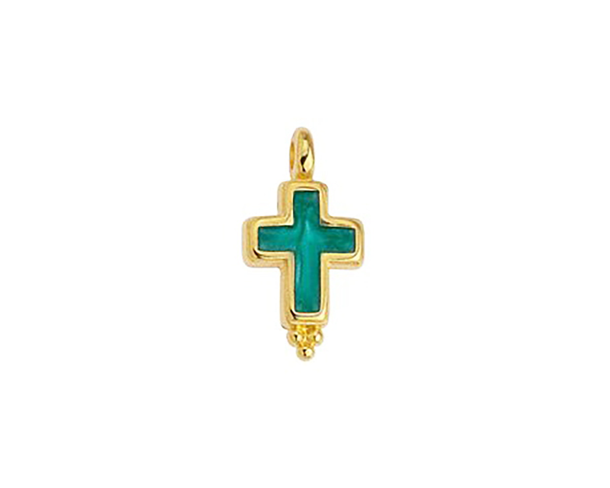 24K Gold (plated) Emerald Pearl Enamel Cross Focal 9x17mm