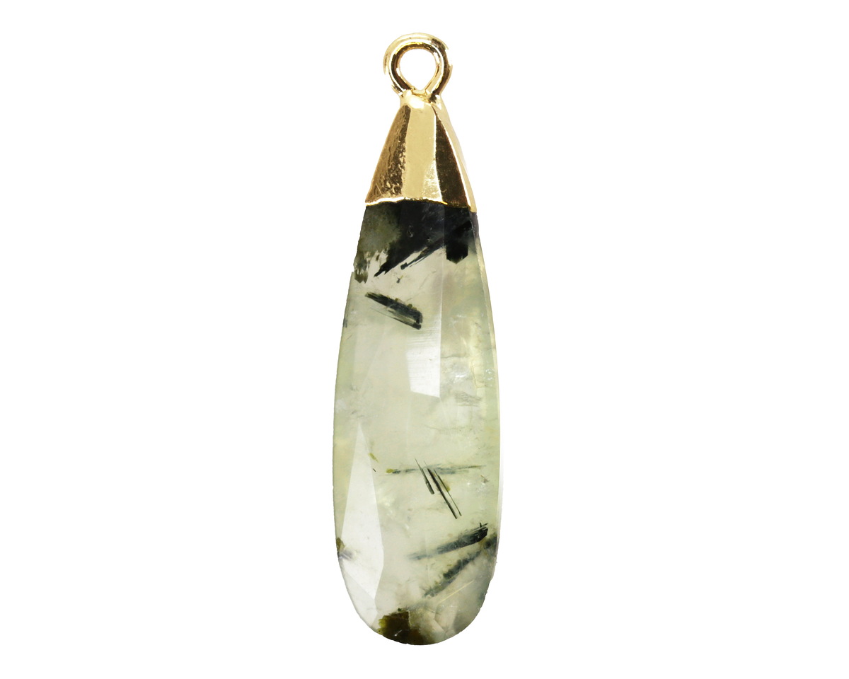 Prehnite Faceted Puff Teardrop Focal w/ Gold Finish 9x28mm