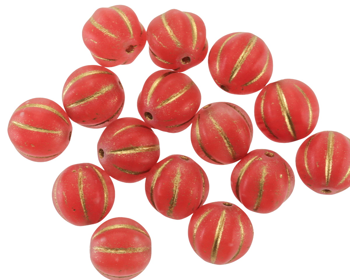 Czech Glass Matte Ruby w/ Gold Melon Round 8mm