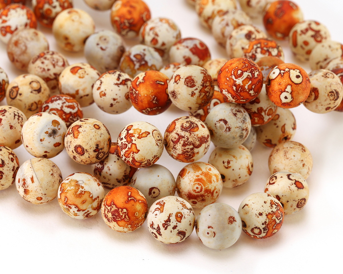 Tibetan (Dzi) Agate Matte Rust & White Molten Pattern Round 12mm
