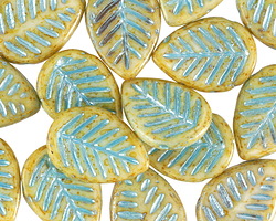 Czech Glass Bisque Picasso w/ Metallic Turquoise Wash Carved Leaf Drop 12x17mm