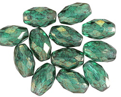 Czech Glass Emerald w/ Gold Luster Fire Polished Rice 12x8mm