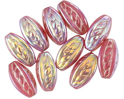 Czech Glass Pink Opal AB w/ Platinum Wash Roped 4-sided Rice Oval 15x9mm