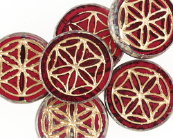 Czech Glass Pomegranate Picasso w/ Gold Flower of Life Geometry Coin 19mm