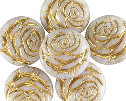 Czech Glass White w/ Gold Wash Rose Coin 17mm
