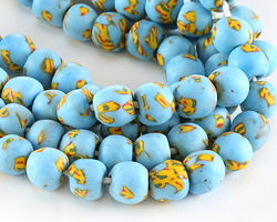 African Recycled Glass Sky Blue w/ Yellow & Red Seed Bead Tumbled Round 10-14mm
