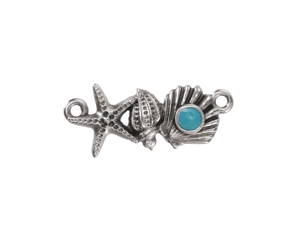 Antique Silver (plated) Aqua Enamel Sea Elements Focal Link 26x11mm