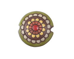 Golem Studio Green on Terra Cotta Paisley Flower Carved Ceramic Lentil 23mm