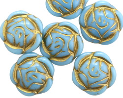 Czech Glass Sky Blue w/ Gold Garden Rose 16mm