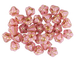 Czech Glass Pink Opal w/ Gold Bellflower 5x6mm