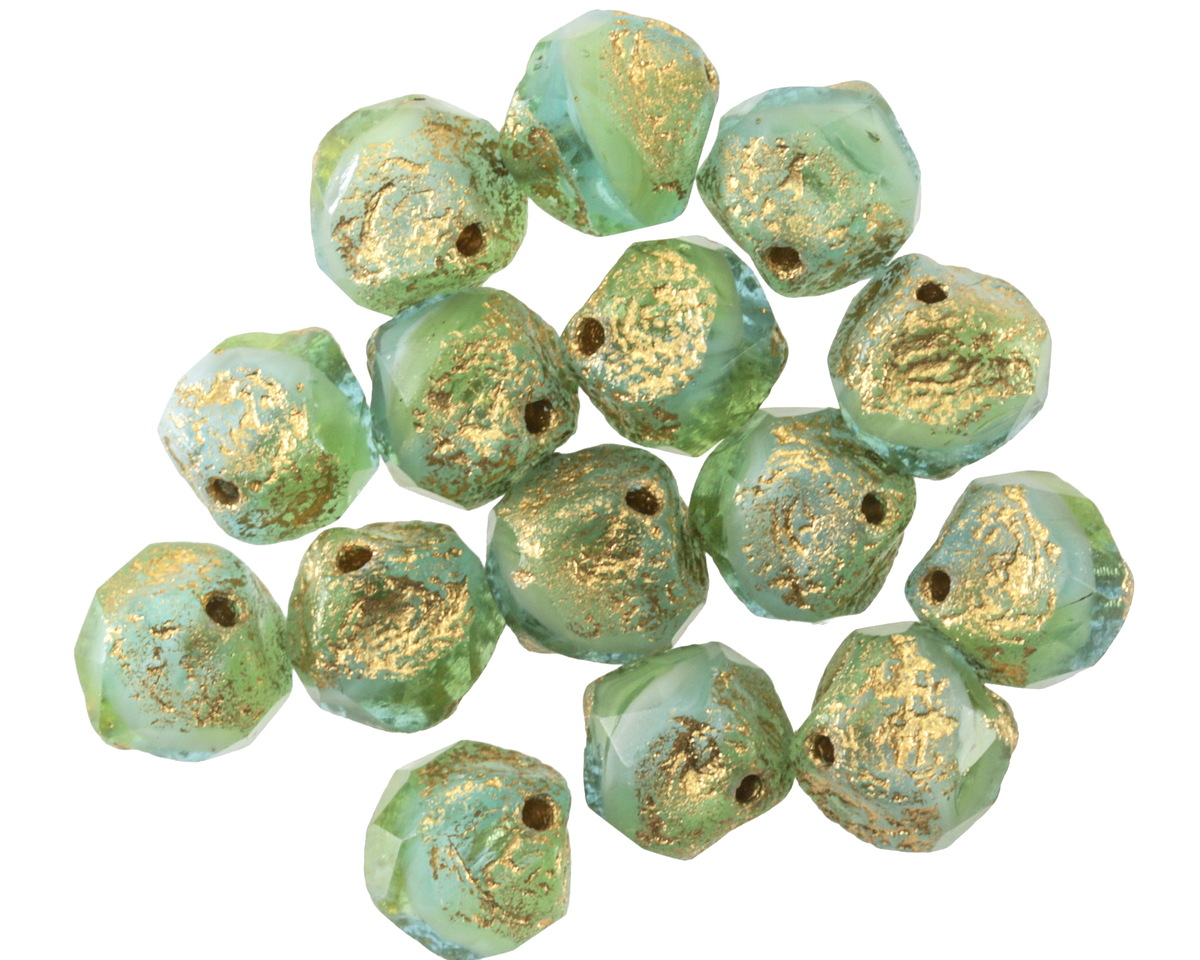 Czech Glass Textured Peruvian Blue Opal Mix w/ Bright Gold Wash Chandelier Cut 8mm