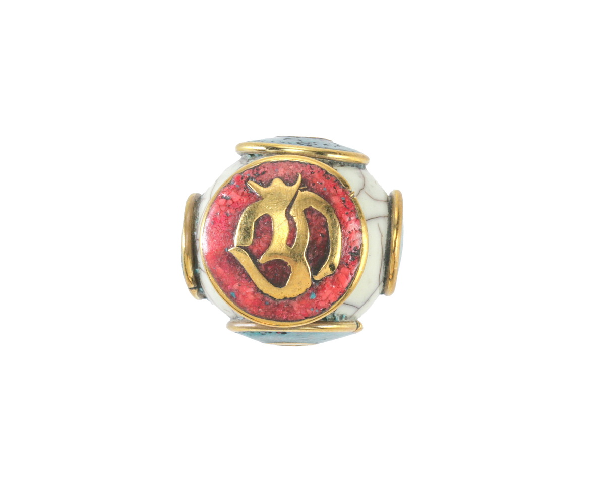 Nepalese Brass Om on Coral & White Shell Round Bead 18x17mm