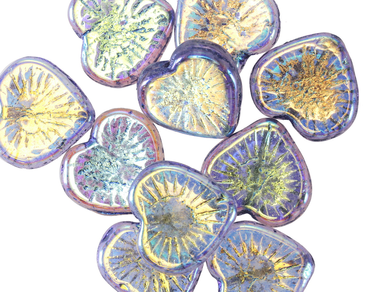 Czech Glass Thistle AB Starburst Heart 13x14mm