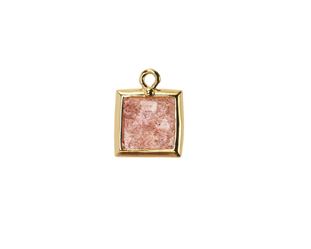 Strawberry Quartz w/ Gold Finish Faceted Square Focal 10x13mm