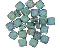 Czech Glass Laser Etched Ammonite on Matte Turquoise w/ Rainbow Finish 2-Hole Tile 6mm