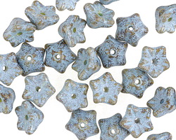 Czech Glass Etched Bisque w/ Blue 5 Point Bellflower 6x9mm