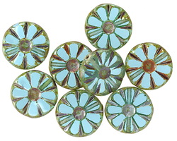 Czech Glass Aquamarine Picasso Flower Window Coin 12mm