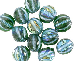 Czech Glass Emerald AB w/ Metallic Turquoise Faceted Melon Round 10mm