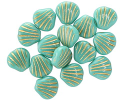 Czech Glass Green Turquoise w/ Gold Scallop Shell Bead 9mm