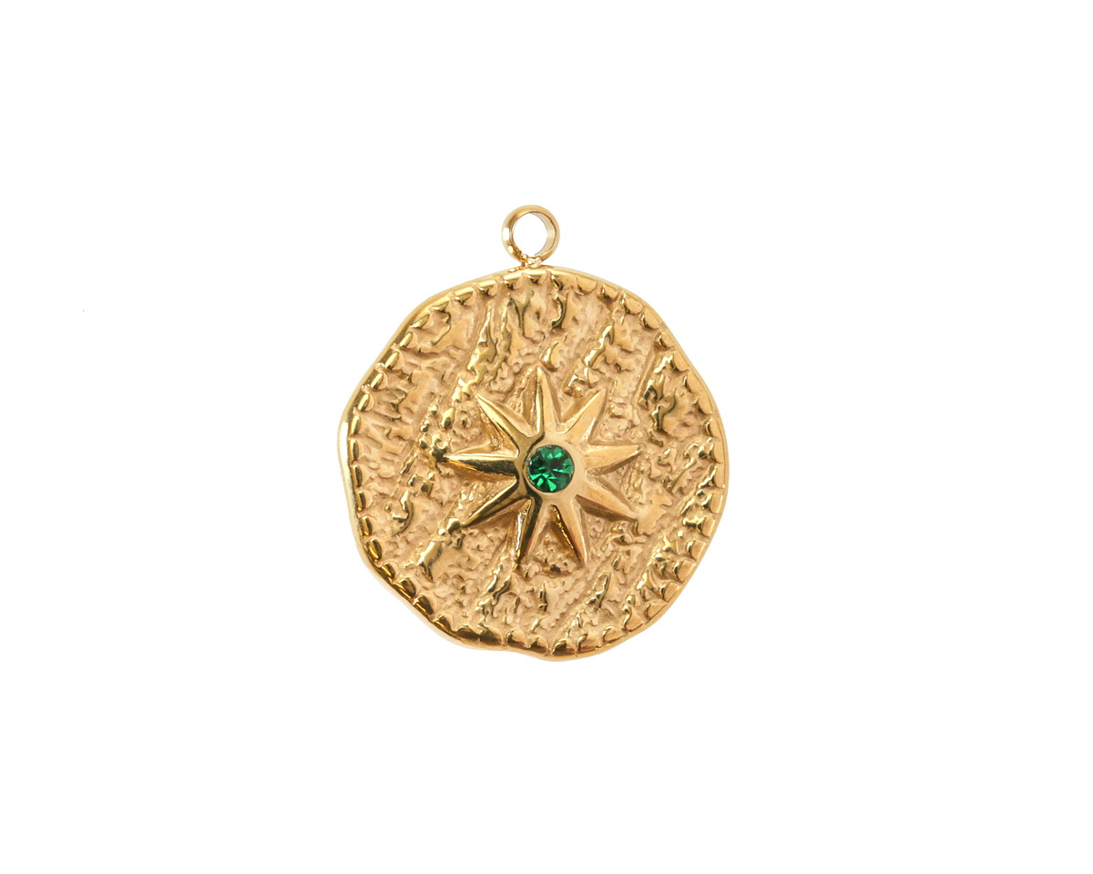 14K Gold (plated) Stainless Steel Star w/ Emerald Crystal Coin Focal 16.5x19mm