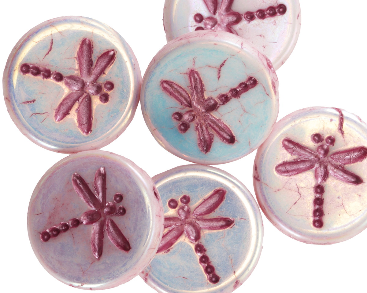 Czech Glass White AB w/ Metallic Pink Dragonfly Coin 17mm