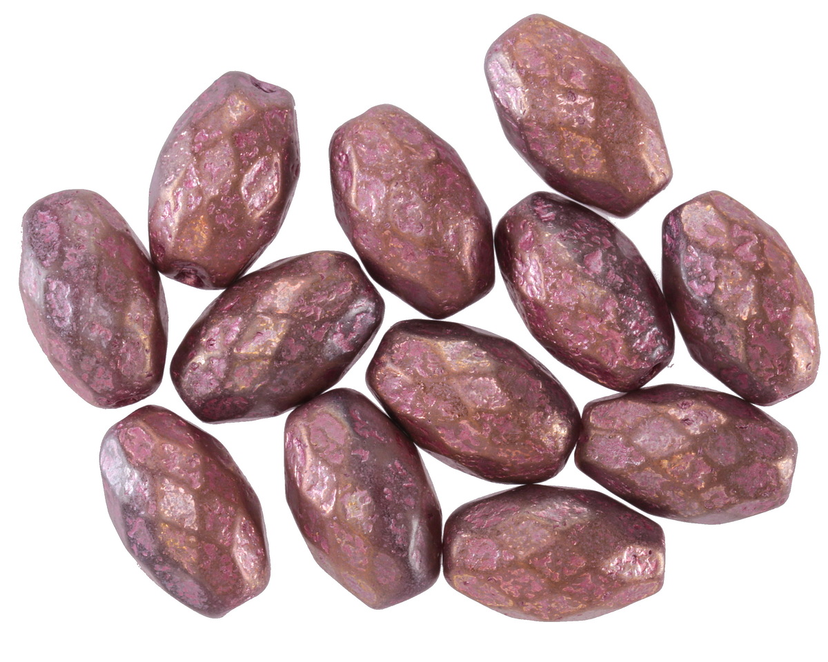 Czech Glass Etched Metallic Pink Faceted Rice 12x8mm