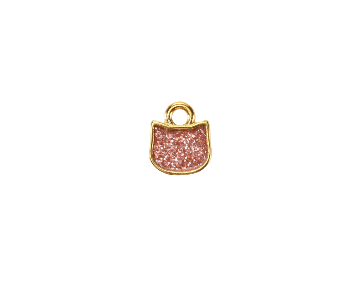 24K Gold (plated) Pink Glitter Enamel Cat Head Focal 8x9mm