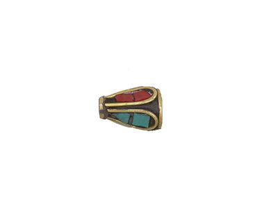 Nepalese Brass Cone Bead w/ Turquoise & Coral Drop Mosaic 12x8mm