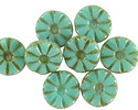 Czech Glass Green Turquoise Picasso Flower Window Coin 12mm