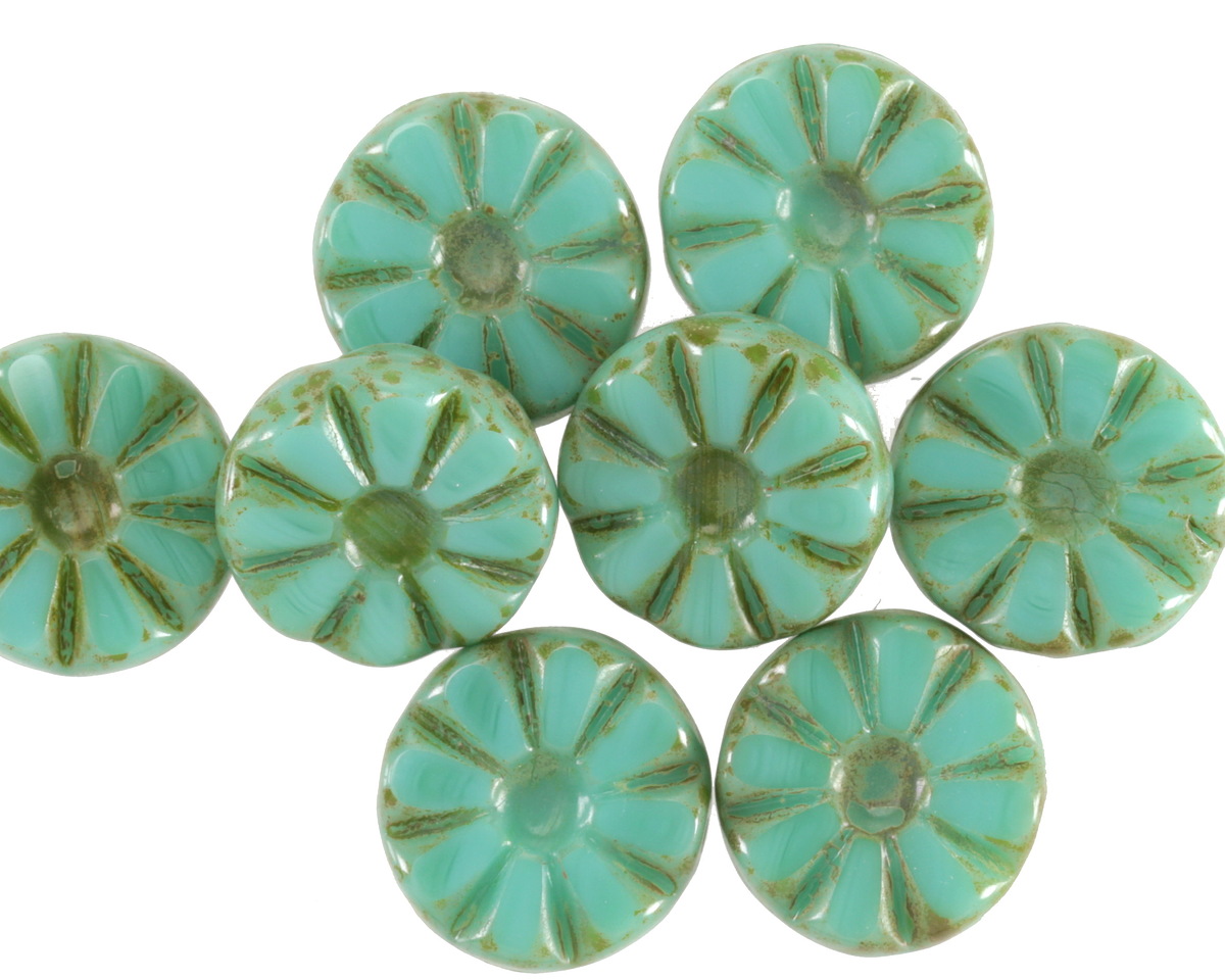 Czech Glass Green Turquoise Picasso Flower Window Coin 12mm