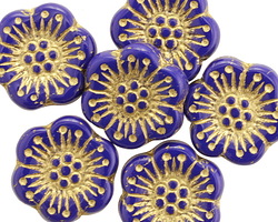 Czech Glass Cobalt w/ Gold Wild Rose Coin 18mm