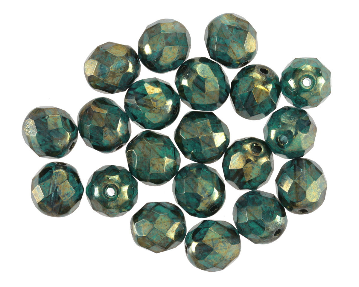 Czech Glass Emerald w/ Gold Luster Fire Polished Round 8mm