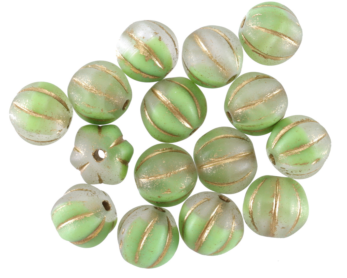 Czech Glass Matte Mossy Path Mix w/ Gold Melon Round 8mm