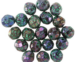 Czech Glass Textured Iris on Jet w/ Green Wash Fire Polished Round 8mm
