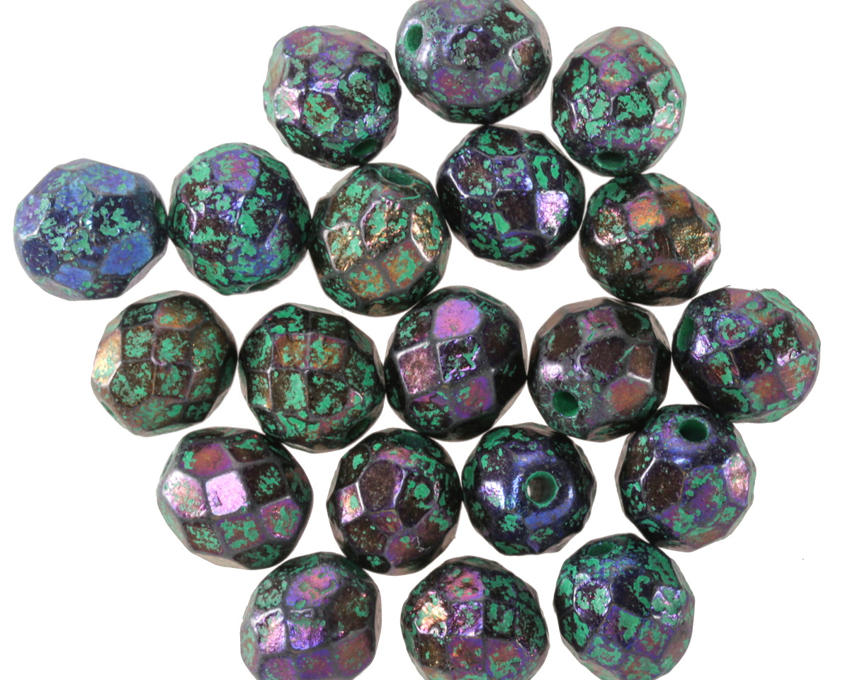 Czech Glass Textured Iris on Jet w/ Green Wash Fire Polished Round 8mm