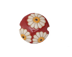 Golem Studio White Daisies on Red Carved Ceramic Lentil 23mm