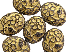 Czech Glass Jet w/ Gold Floral Oval 21x16mm