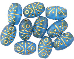 Czech Glass Matte Capri Blue w/ Gold O's & X's Rice 13x9mm