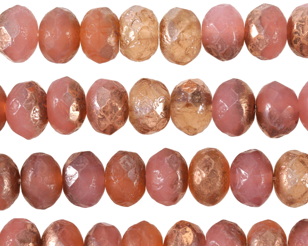 Czech Glass Textured Pink Opal & Topaz Mix w/ Copper Fire Polished Rondelle 6x9mm