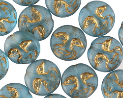 Czech Glass Matte Capri Blue w/ Gold Moon Face 13mm