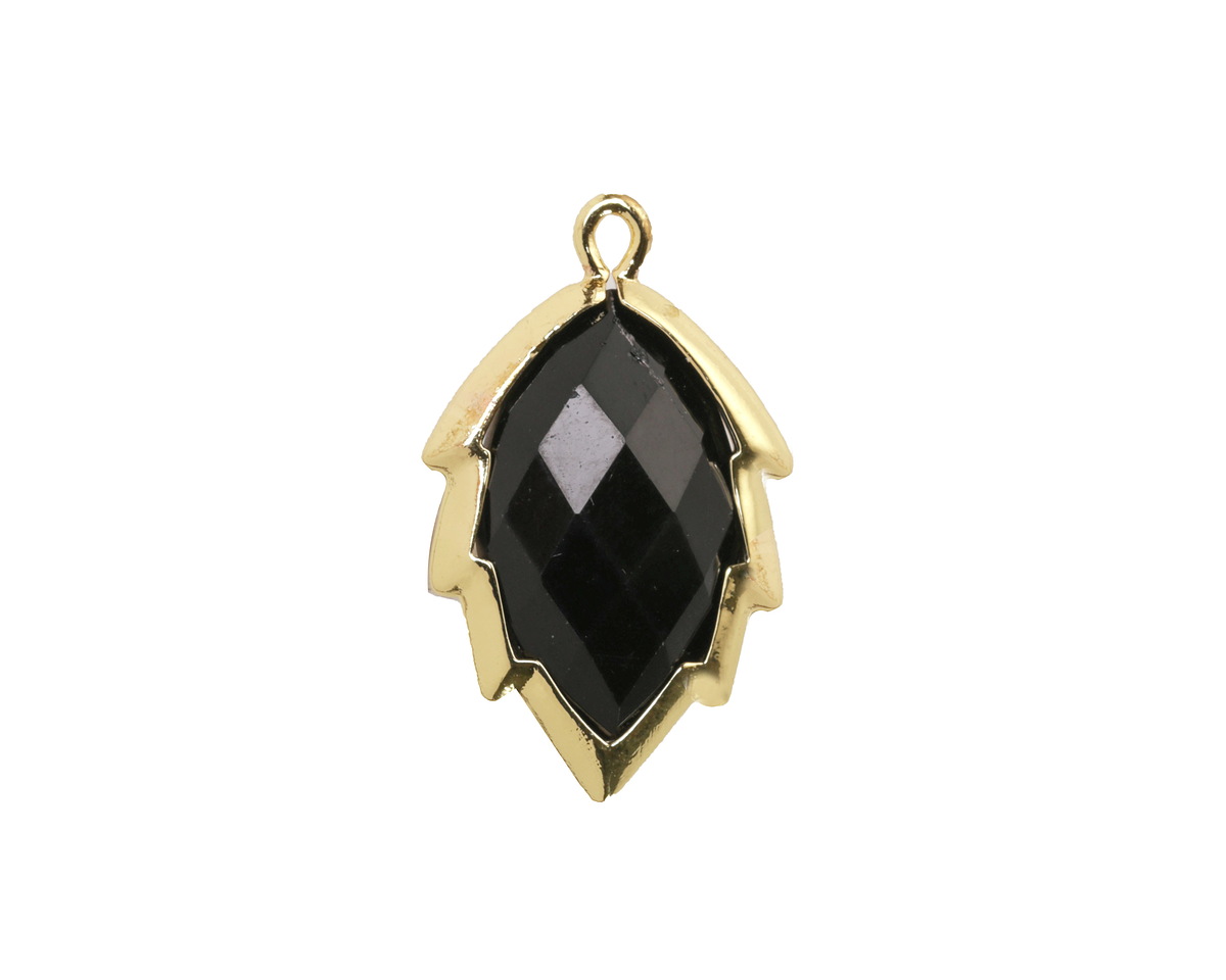 Black Obsidian Faceted Puff Leaf Focal w/ Gold Finish 14x22mm