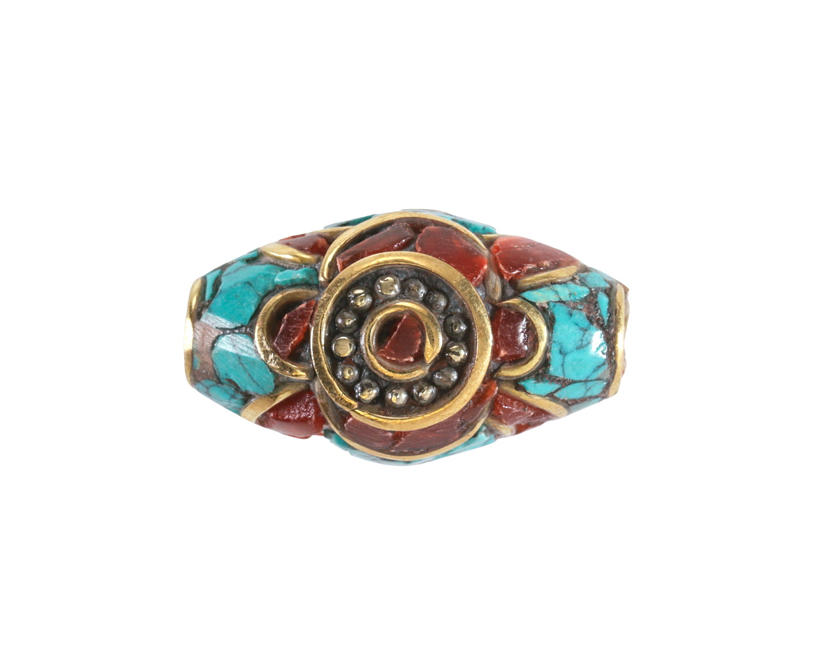 Nepalese Brass Rice Bead w/ Coral & Turquoise Mosaic 25x14mm