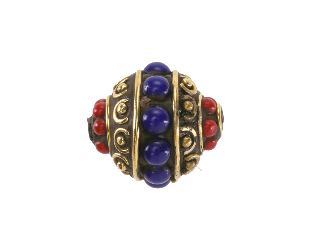 Nepalese Brass w/ Bands of Coral & Lapis Dots Rice 17mm