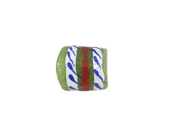 African Hand-Painted in White/Red/Blue on Green Powder Glass (Krobo) Bead 13-16x11-13mm