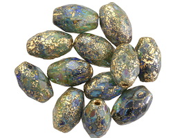 Czech Glass Etched Earth w/ Gold Faceted Rice 12x8mm