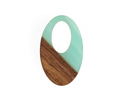 Walnut Wood & Sea Green Pearlescent Resin Oval Off-Center Hoop Focal 22x35mm